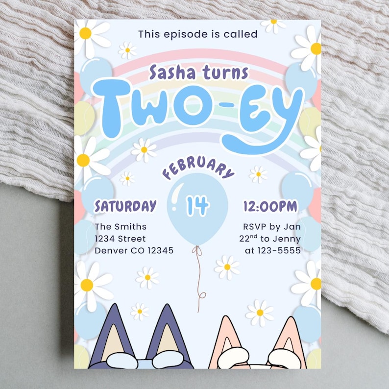 Bright and cheerful Blue dog birthday invitation featuring a cute pup and rainbow accents. Canva template editable for name, date, and event details, ready to print or send digitally.