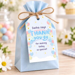Blue dog-inspired thank you tag digital download for birthday party favors; cute editable tag template for blue dog-themed goodie bags, treat bags, or thank you gifts; ideal for toddler or preschool birthday celebrations with a dog theme.
