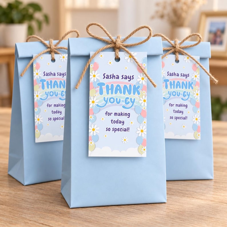 Blue dog-inspired thank you tag digital download for birthday party favors; cute editable tag template for blue dog-themed goodie bags, treat bags, or thank you gifts; ideal for toddler or preschool birthday celebrations with a dog theme.