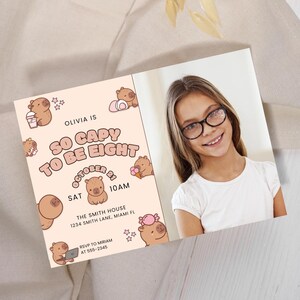 Capybara Birthday Custom Photo Invitation So Capy To Be Eight Canva Template Kawaii Animal Party Invite Cute Kids Digital Horizontal Invite