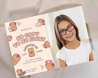 Capybara Birthday Custom Photo Invitation So Capy To Be Eight Canva Template Kawaii Animal Party Invite Cute Kids Digital Horizontal Invite