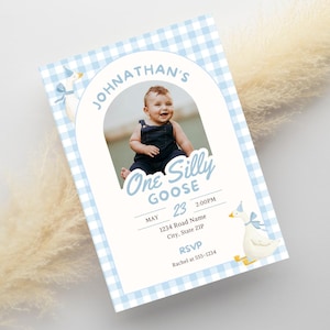 Planning a One Silly Goose first birthday? This silly goose invite is perfect for a goose first birthday, boy goose birthday, goose 1st birthday or boy silly goose party theme. Personalize this One Silly Goose birthday invitation with your child’s photo and party details for an easy printable invite. Perfect for parents searching silly goose birthday ideas, blue gingham birthday decor, first birthday boy themes, goose party decorations and unique 1st birthday invitations.
