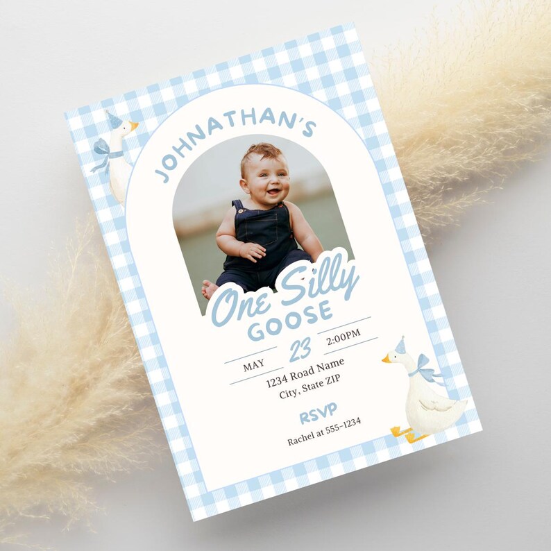 Planning a One Silly Goose first birthday? This silly goose invite is perfect for a goose first birthday, boy goose birthday, goose 1st birthday or boy silly goose party theme. Personalize this One Silly Goose birthday invitation with your child’s photo and party details for an easy printable invite. Perfect for parents searching silly goose birthday ideas, blue gingham birthday decor, first birthday boy themes, goose party decorations and unique 1st birthday invitations.
