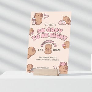 Cute capybara kids party invitation digital download with customizable name and age fields pastel animal design for birthday celebration