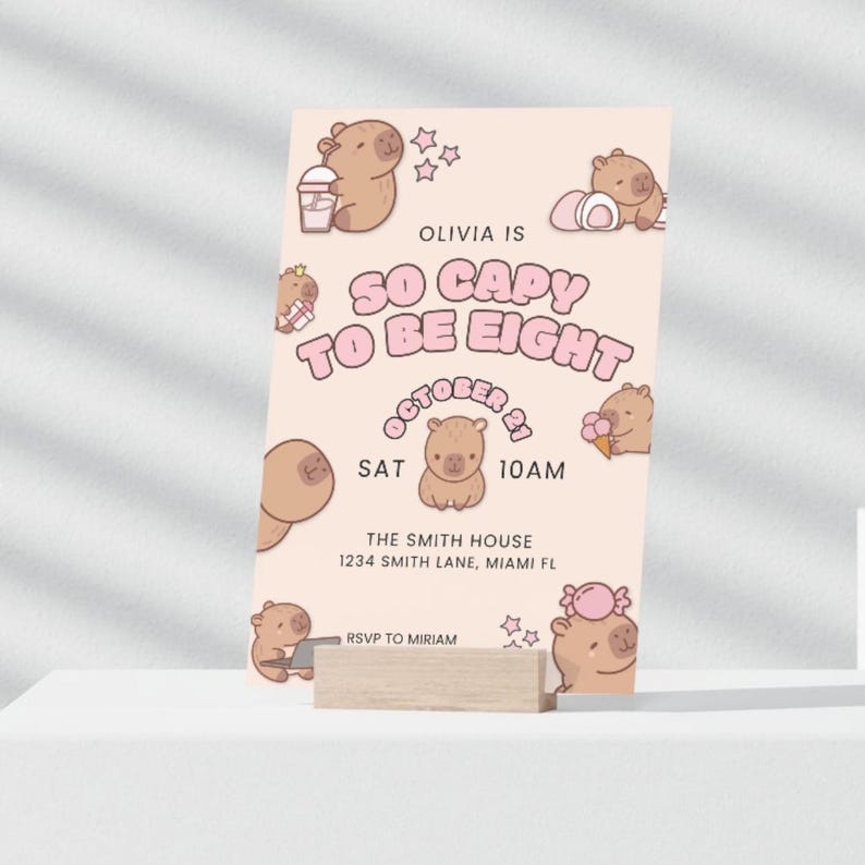 Cute capybara kids party invitation digital download with customizable name and age fields pastel animal design for birthday celebration