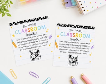 Bewerkbaar sjabloon voor een wensenlijst voor in de klas, QR-code kaarten voor de wensenlijst van de leerkracht, terug naar school, open dag, kennismakingsavond met de leerkracht, sjabloon voor leerkrachten