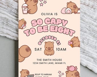 Editable Capybara Birthday Invitation So Capy To Be Eight Canva Template Kawaii Animal Party Invite Cute Kids Digital Download Evite