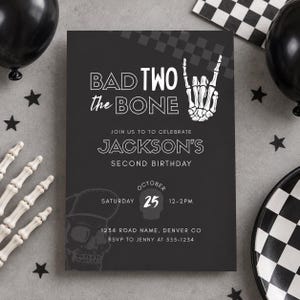 Bad Two The Bone Birthday Invitation Spooky Birthday Party Skeleton Rock Roll Invite Halloween 2nd Invite Born Two Rock Boy 2nd Birthday