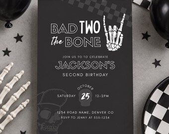 Bad Two The Bone verjaardagskaart, griezelig verjaardagsfeestje, skelet rock-'n-roll uitnodiging, Halloween 2e uitnodiging, Born Two Rock Boy 2e verjaardag