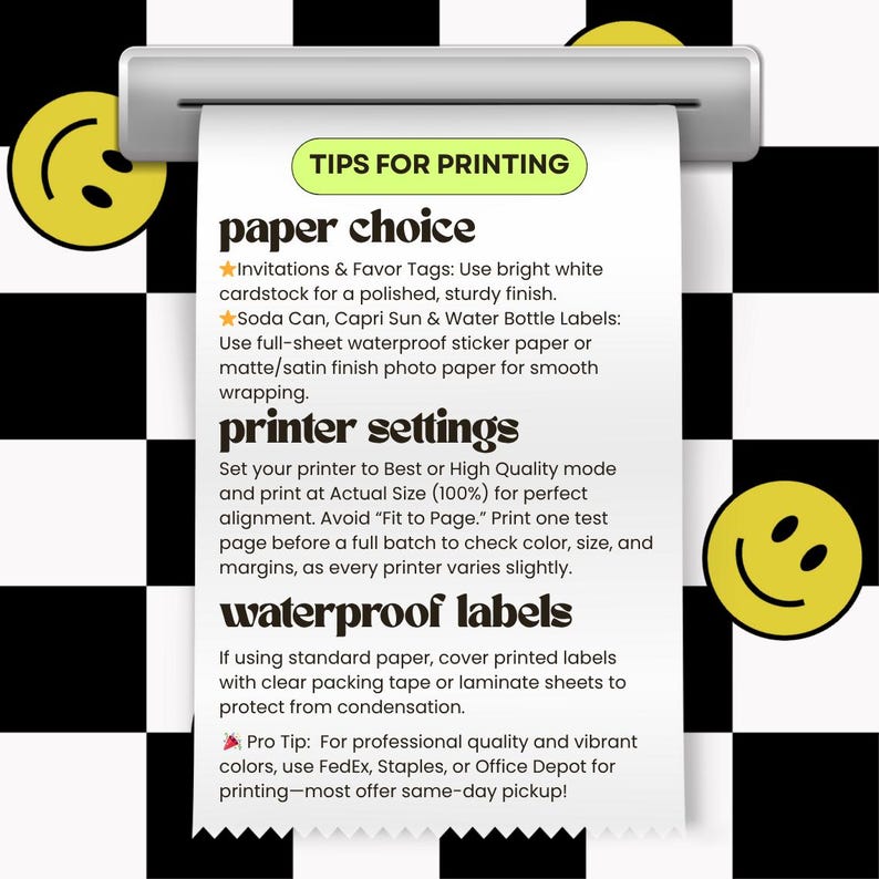 Printing tips for editable invitations and labels: use bright white cardstock for invitations and party favor tags; choose waterproof sticker paper for soda can labels, Capri Sun pouches, or water bottle wraps; set print quality to high. Get expert guidance for flawless DIY party printables.