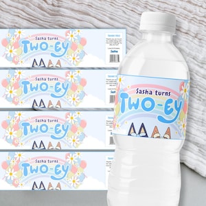 Etichette per bottiglie d&#39;acqua con cane blu modificabili, modello stampabile per compleanno blu, bomboniere per feste con cane blu, etichetta per acqua blu digitale da scaricare su Canva