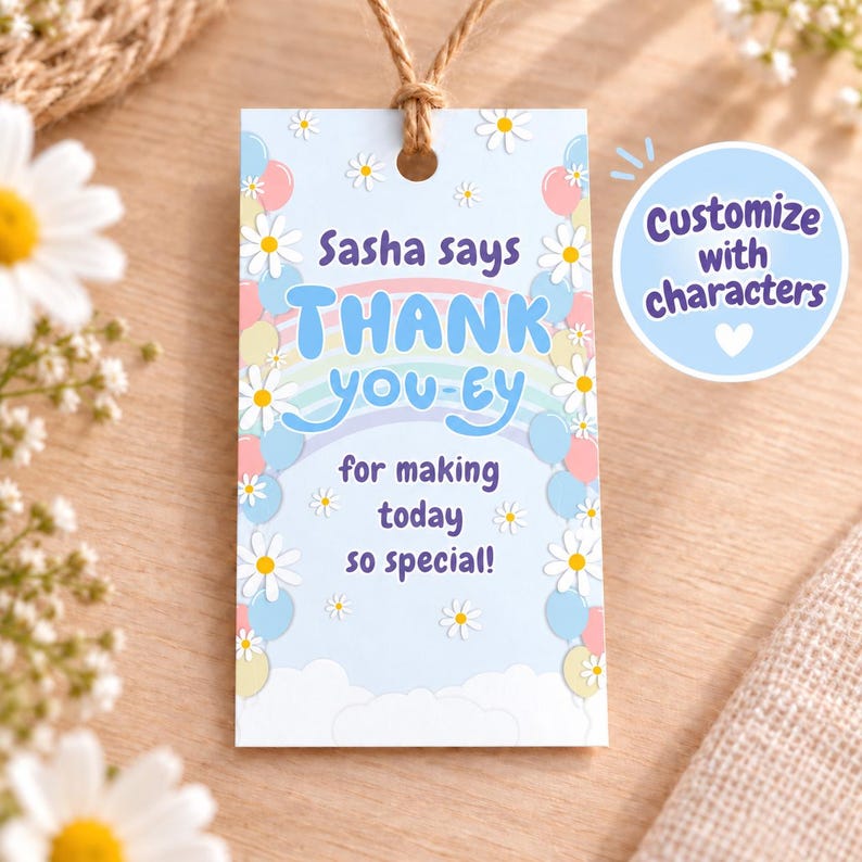 Blue dog-inspired thank you tag digital download for birthday party favors; cute editable tag template for blue dog-themed goodie bags, treat bags, or thank you gifts; ideal for toddler or preschool birthday celebrations with a dog theme.