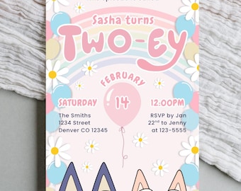 This Episode is Called Twoey Blue Dog Second Birthday Invitation Pink Rainbow Puppy Party Girl Turns Two-ey