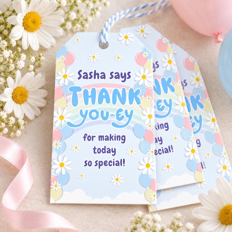 Blue dog-inspired thank you tag digital download for birthday party favors; cute editable tag template for blue dog-themed goodie bags, treat bags, or thank you gifts; ideal for toddler or preschool birthday celebrations with a dog theme.