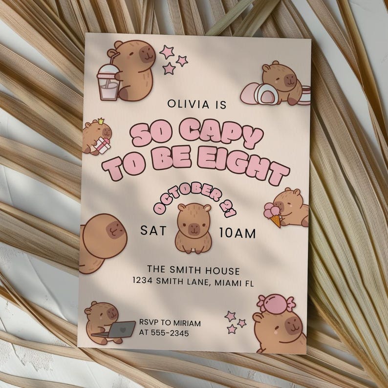Cute capybara kids party invitation digital download with customizable name and age fields pastel animal design for birthday celebration
