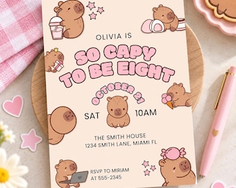 Editable Capybara Birthday Invitation So Capy To Be Eight Canva Template Kawaii Animal Party Invite Cute Kids Digital Download Evite