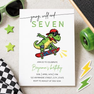 Dinosaur Birthday Invitation Five A-Saurus Birthday Young Wild Seven Three Rex Party Dino-Four Birthday T Rex Skateboard Party Dino Birthday