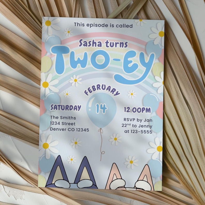 Bright and cheerful Bluey birthday invitation featuring a cute pup and rainbow accents. Canva template editable for name, date, and event details, ready to print or send digitally.