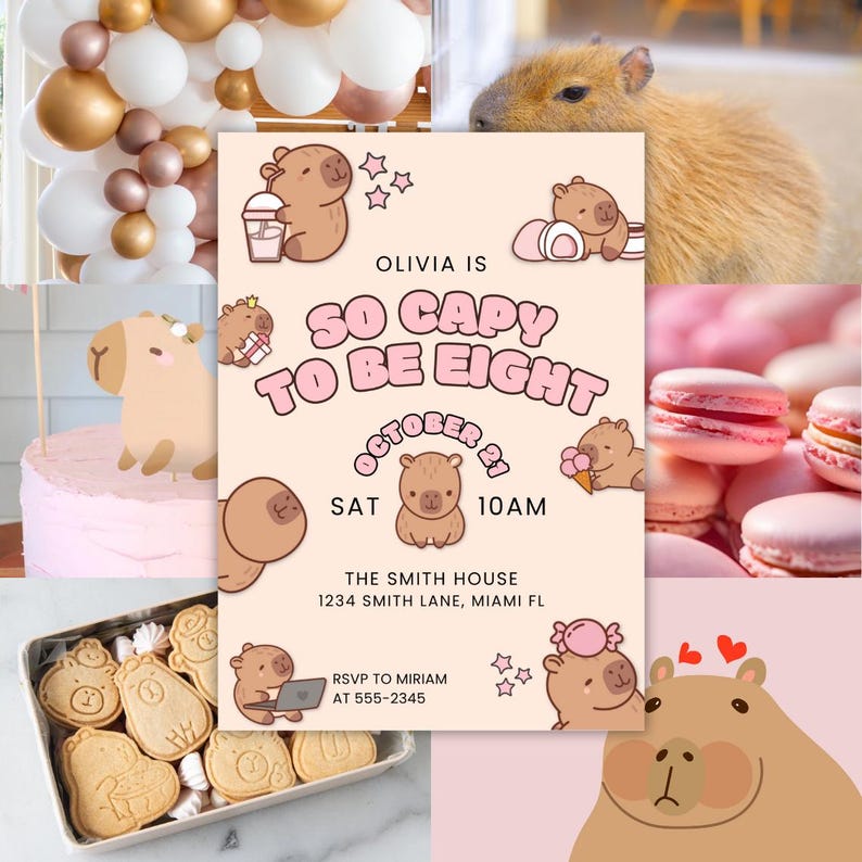 Editable kawaii capybara birthday invitation template with pastel artwork and “So Capy To Be Eight” headline editable in Canva