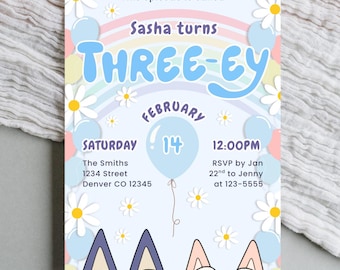 Blue Dog Three-ey Birthday Invite 3rd Party Template Pastel Rainbow Puppy Design Blue Dog Celebration Birthday Invitation