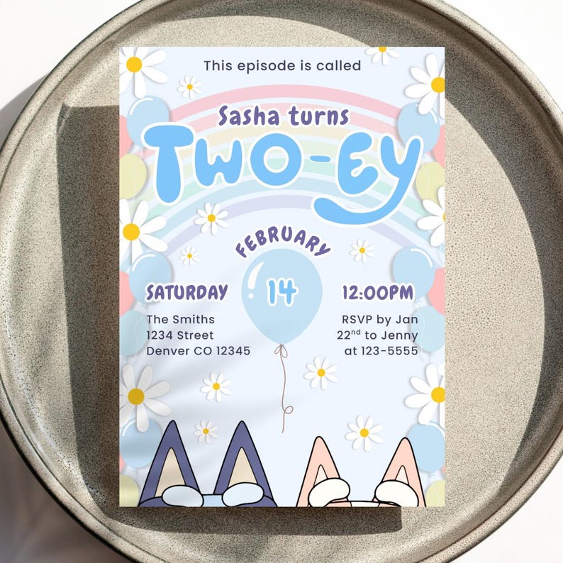 Bright and cheerful Blue dog birthday invitation featuring a cute pup and rainbow accents. Canva template editable for name, date, and event details, ready to print or send digitally.
