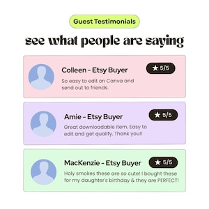 Photo collage of real customer feedback praising our editable invitations and party printables. Parents and teachers highlight easy customization, quick download, high-quality designs, and supportive seller. These glowing reviews build trust and showcase the popularity of our Etsy shop.