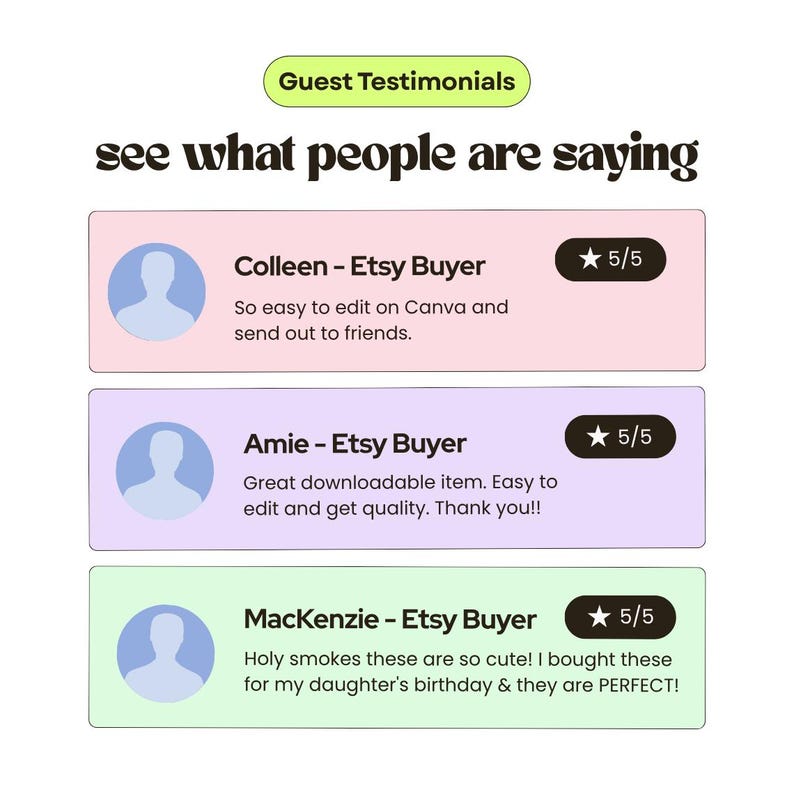 Photo collage of real customer feedback praising our editable invitations and party printables. Parents and teachers highlight easy customization, quick download, high-quality designs, and supportive seller. These glowing reviews build trust and showcase the popularity of our Etsy shop.
