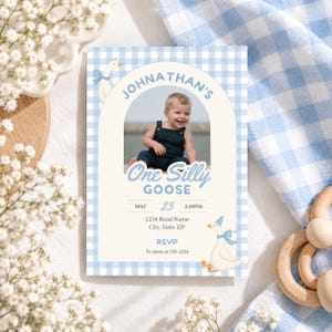 Planning a One Silly Goose first birthday? This silly goose invite is perfect for a goose first birthday, boy goose birthday, goose 1st birthday or boy silly goose party theme. Personalize this One Silly Goose birthday invitation with your child’s photo and party details for an easy printable invite. Perfect for parents searching silly goose birthday ideas, blue gingham birthday decor, first birthday boy themes, goose party decorations and unique 1st birthday invitations.
