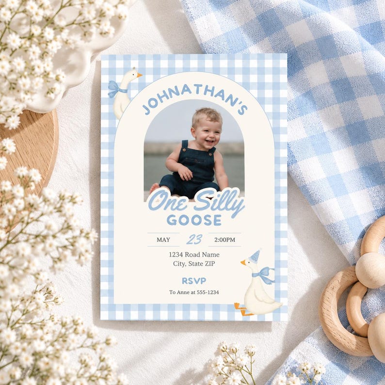 Planning a One Silly Goose first birthday? This silly goose invite is perfect for a goose first birthday, boy goose birthday, goose 1st birthday or boy silly goose party theme. Personalize this One Silly Goose birthday invitation with your child’s photo and party details for an easy printable invite. Perfect for parents searching silly goose birthday ideas, blue gingham birthday decor, first birthday boy themes, goose party decorations and unique 1st birthday invitations.