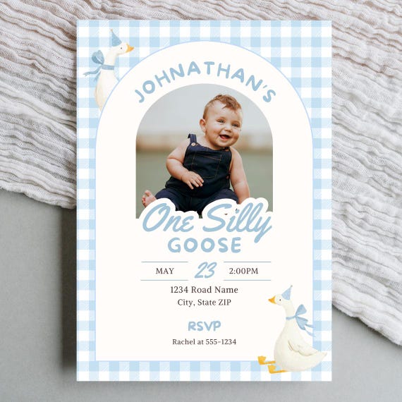 One Silly Goose Invite Blue Gingham First Birthday 1st Birthday Silly Goose Decor Editable Invitation Nursery Rhyme Birthday