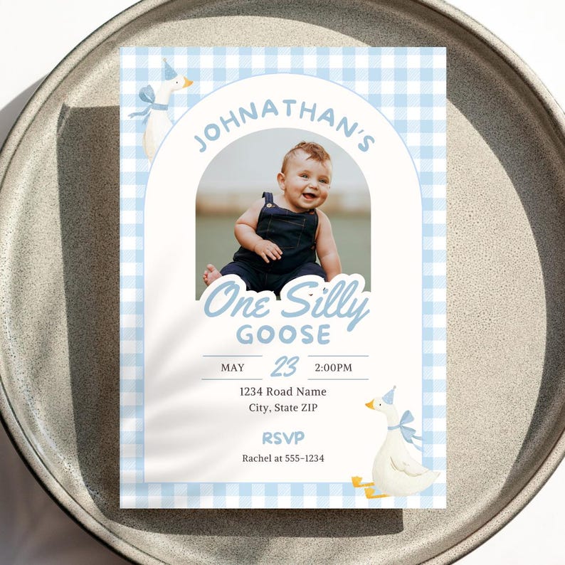 Planning a One Silly Goose first birthday? This silly goose invite is perfect for a goose first birthday, boy goose birthday, goose 1st birthday or boy silly goose party theme. Personalize this One Silly Goose birthday invitation with your child’s photo and party details for an easy printable invite. Perfect for parents searching silly goose birthday ideas, blue gingham birthday decor, first birthday boy themes, goose party decorations and unique 1st birthday invitations.
