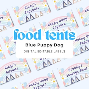 Peut inclure: Étiquettes de tente alimentaire numériques sur le thème du chiot bleu. Les étiquettes comprennent du texte tel que "Bluey's Pupcakes", "Keepy Uppy Popcorn" et "Bingo's Biscuits". Le design intègre des arcs-en-ciel, des marguerites et des ballons.