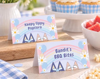 Blauwe hond verjaardag eten tentkaarten bewerkbare feestlabels afdrukbare snack tafeldecoraties Verjaardag plaatskaarten puppy thema Borden kinderfeestje