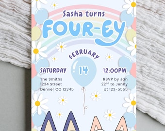 Blue Dog Four-ey Birthday Invite 4th Party Template Pastel Rainbow Puppy Design Pastel Blue Dog Celebration Card Printable Blue Dog Invite