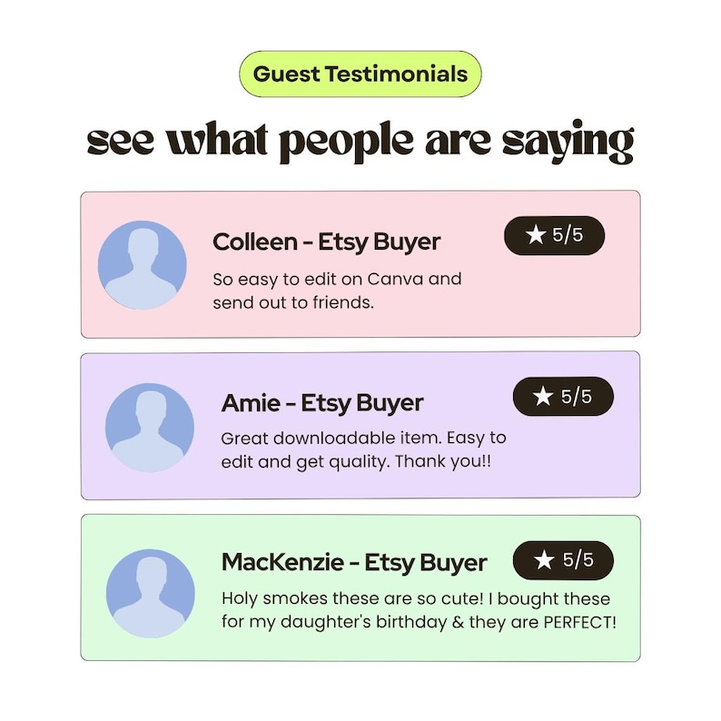 Photo collage of real customer feedback praising our editable invitations and party printables. Parents and teachers highlight easy customization, quick download, high-quality designs, and supportive seller. These glowing reviews build trust and showcase the popularity of our Etsy shop.