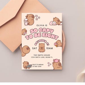 Capybara invitation template with playful cartoon animals pink background editable name and date fields for children’s party invite