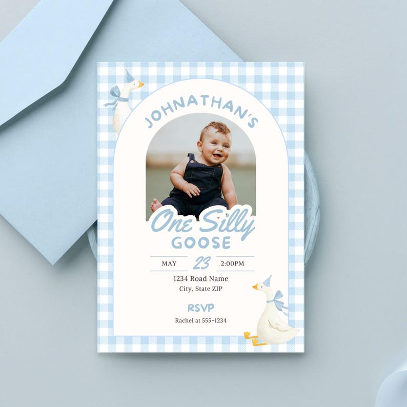 Planning a One Silly Goose first birthday? This silly goose invite is perfect for a goose first birthday, boy goose birthday, goose 1st birthday or boy silly goose party theme. Personalize this One Silly Goose birthday invitation with your child’s photo and party details for an easy printable invite. Perfect for parents searching silly goose birthday ideas, blue gingham birthday decor, first birthday boy themes, goose party decorations and unique 1st birthday invitations.