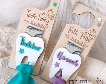 Tooth Fairy personalized door hanger gift with money slot, keepsake bottle and velvet pouch. SHIPS IN 48 HOURS* (see details)