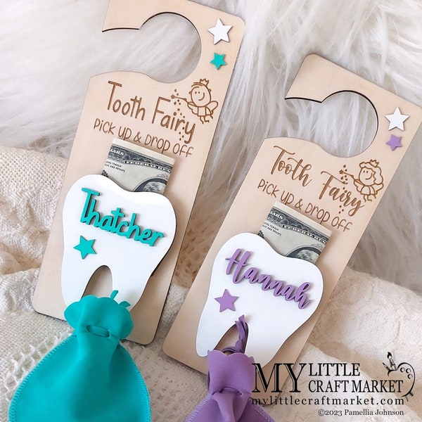 Tooth Fairy personalized door hanger gift with money slot, keepsake bottle and velvet pouch. SHIPS IN 48 HOURS* (see details)