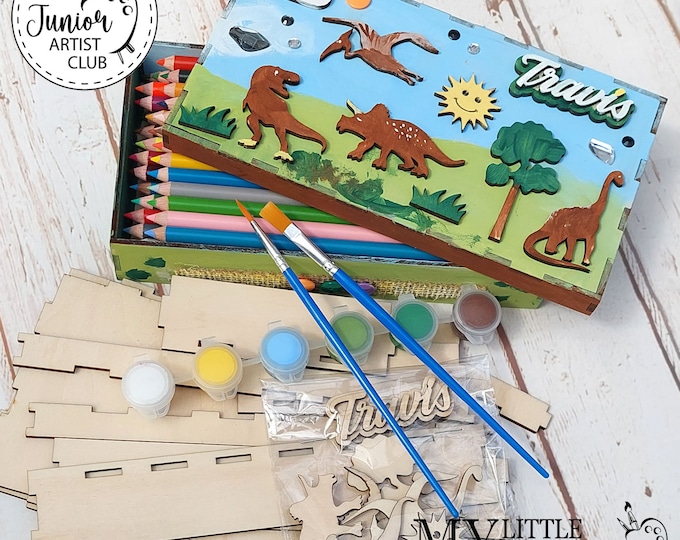 Kid's Dinosaur Paint Box Personalized Crafts Kit. DIY dinosaur puzzle. Pencil crayon marker storage, Birthday gift, Dinosaur party favors