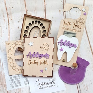 Tooth Fairy Bundle Girl. Personalized Door Hanger, Baby Teeth Keepsake Box, Chart & Journal