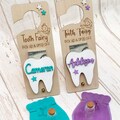 Tooth Fairy personalized door hanger gift with money slot, keepsake bottle and velvet pouch.