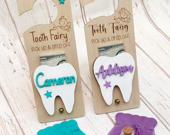 Tooth Fairy personalized door hanger gift with money slot, keepsake bottle and velvet pouch.