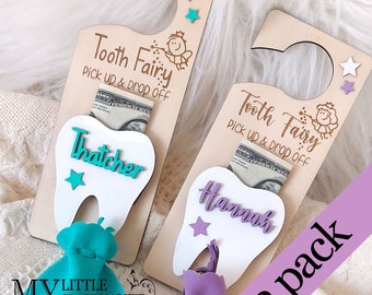 Three pack - Tooth Fairy personalized door hangers with money slot, keepsake bottle and velvet pouch. SHIPS IN 48 HOURS* see details