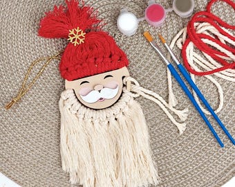Kids Christmas Ornament Craft Kit: DIY Santa Macrame Paint Yarn
