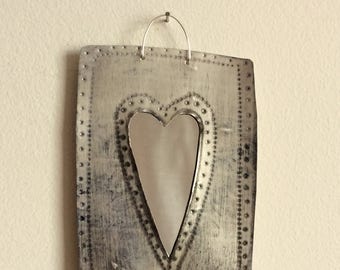 Small hand-stamped, recycled tin heart mirror