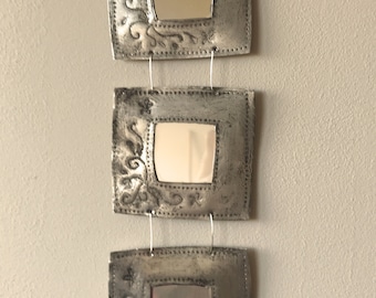 Handmade Recycled Aluminum Triple Mirror, Patina Briar Design