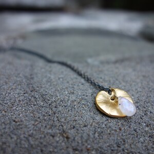 Water Lily Leaf Vermeil and Moonstone Charm Necklace, Vermeil Gold, Oxidized Silver, Moonstone