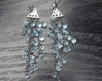 Blue Topaz Cluster Earrings, Wedding Anniversary Birthday gift, For Her, Evening Dressy Jewelry