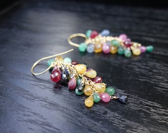 Multi Sapphire Cluster Earrings Ruby Emerald Yellow Sapphire Wedding Anniversary Gift